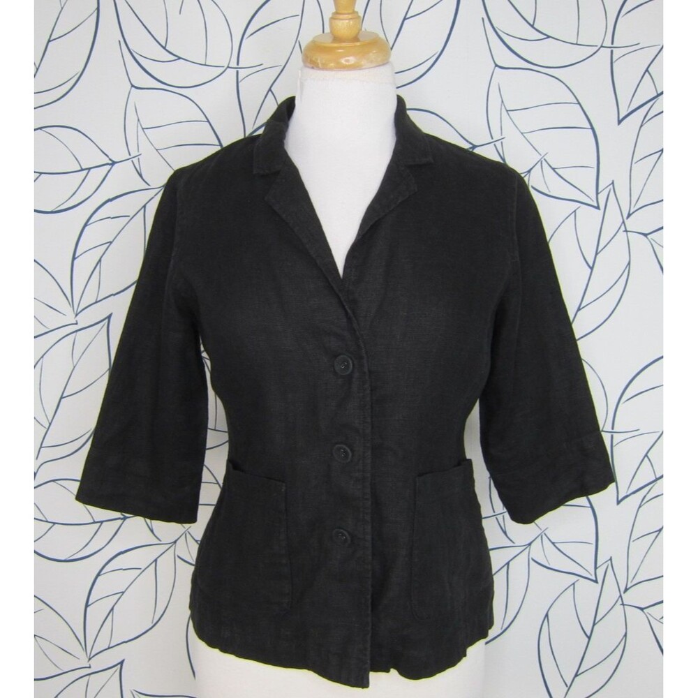 Eileen Fisher Black Organic Linen Shaped Blazer Jacket Size XS